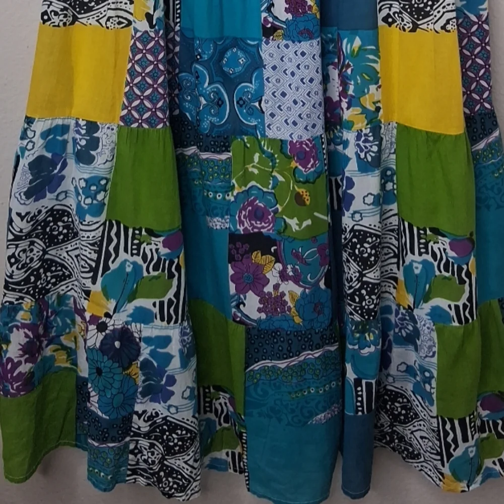 La Cera Patchwork Floral Shift Dress Boho Festival Cotton Summer Resortwear Sz S